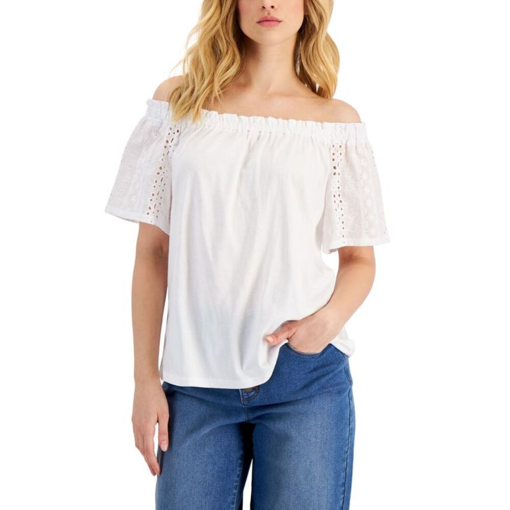 Charter Club Womens Eyelet-Sleeve Off-The-Shoulder Top